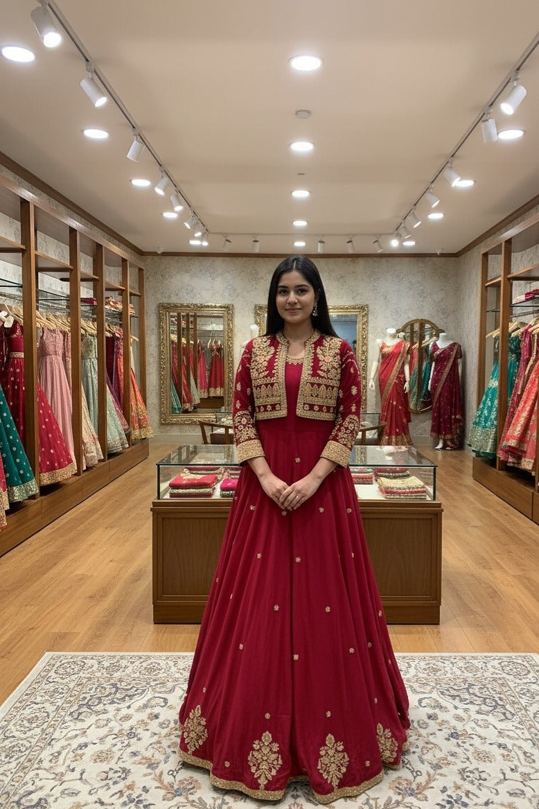 Ruby Red Embroidered Jacket Anarkali Set