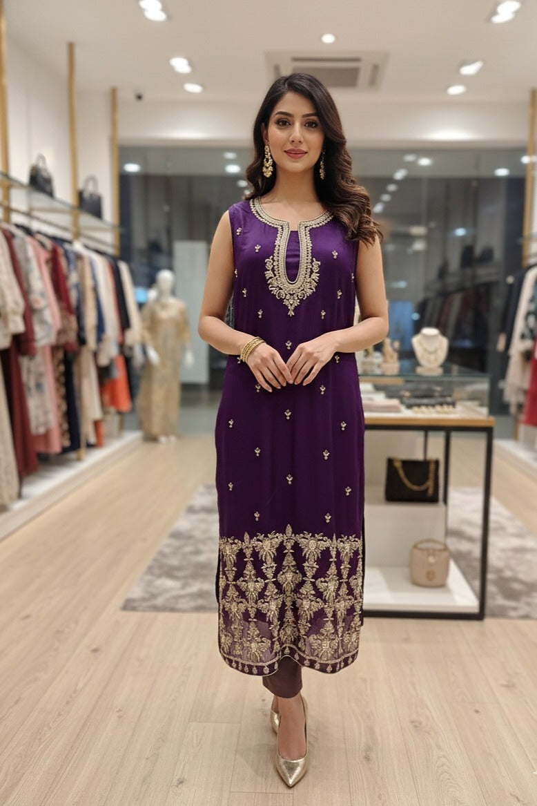 Royal Purple Sleeveless Kurta with Gold Tilla Embroidery