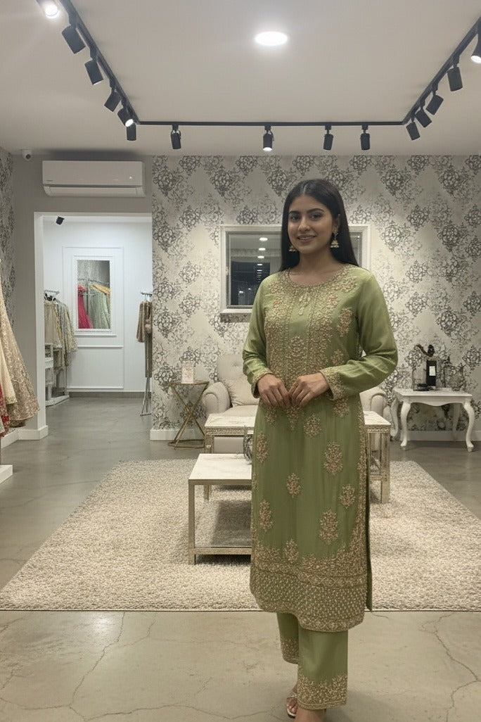 Pistachio Green Hand-Embroidered Silk Kurta Set