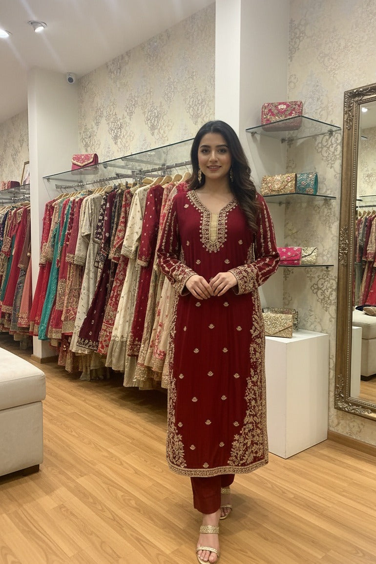 Elegant Maroon Silk Long Kurta Set with Antique Gold