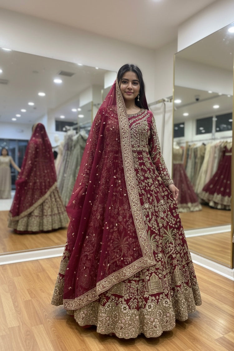 Royal Maroon Hand-Embellished Bridal Maxi