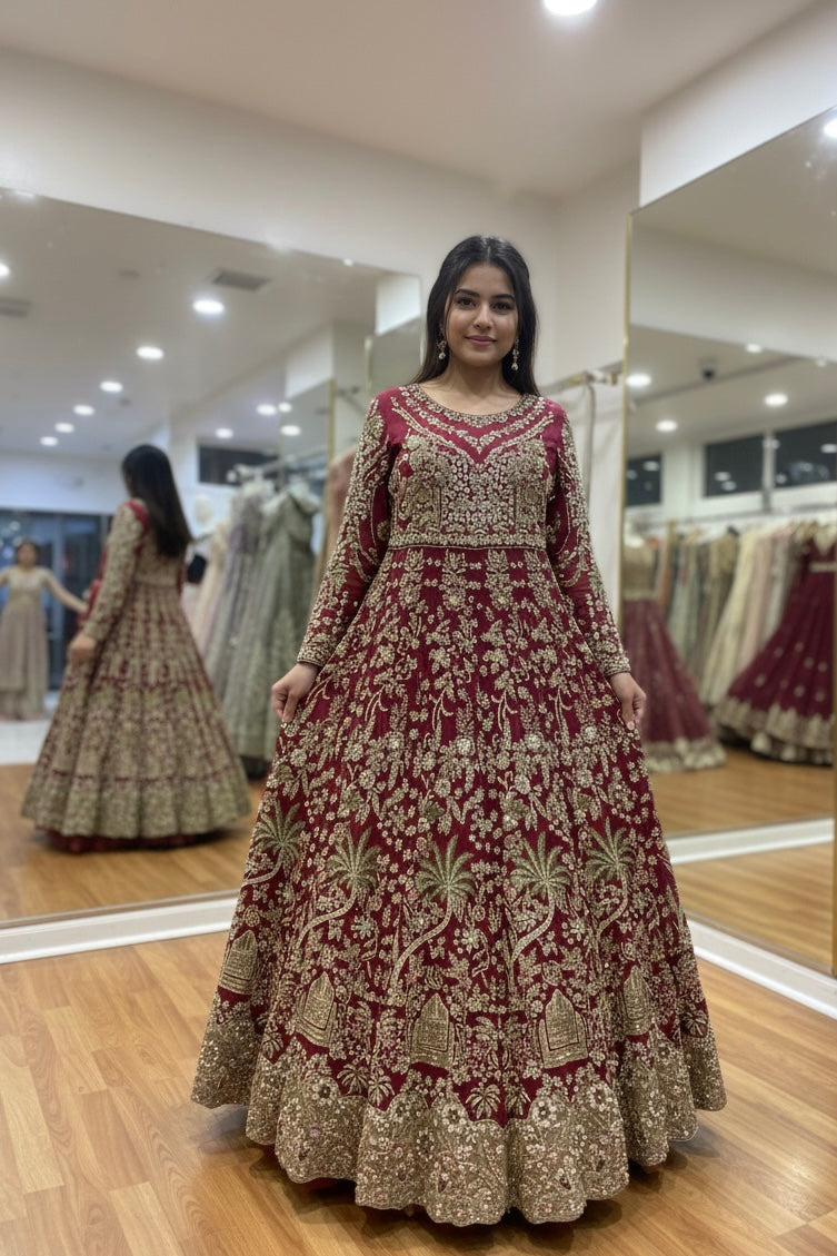 Royal Maroon Hand-Embellished Bridal Maxi