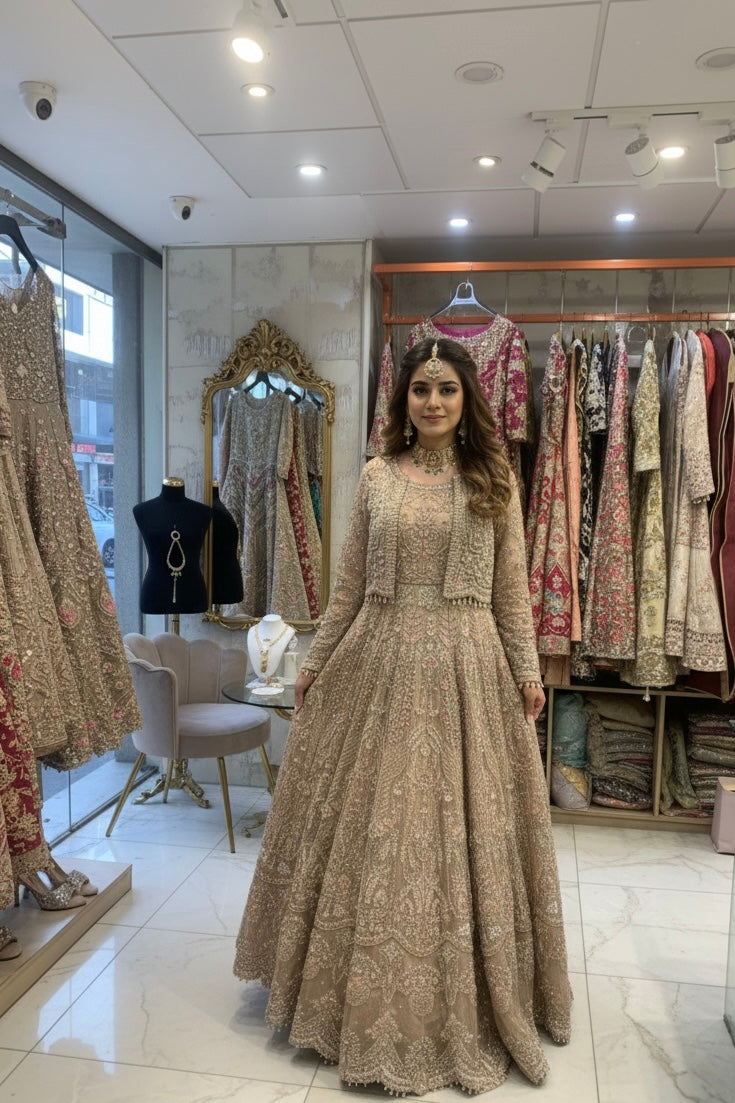 Hand-Embellished Anarkali Gown with Cropped Bolero Jacket