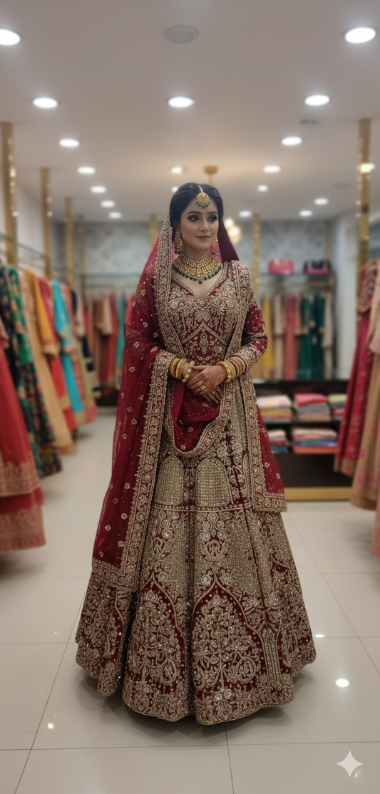 The Shahi Dulhan: Regal Maroon Zardozi Work Bridal Lehenga Set