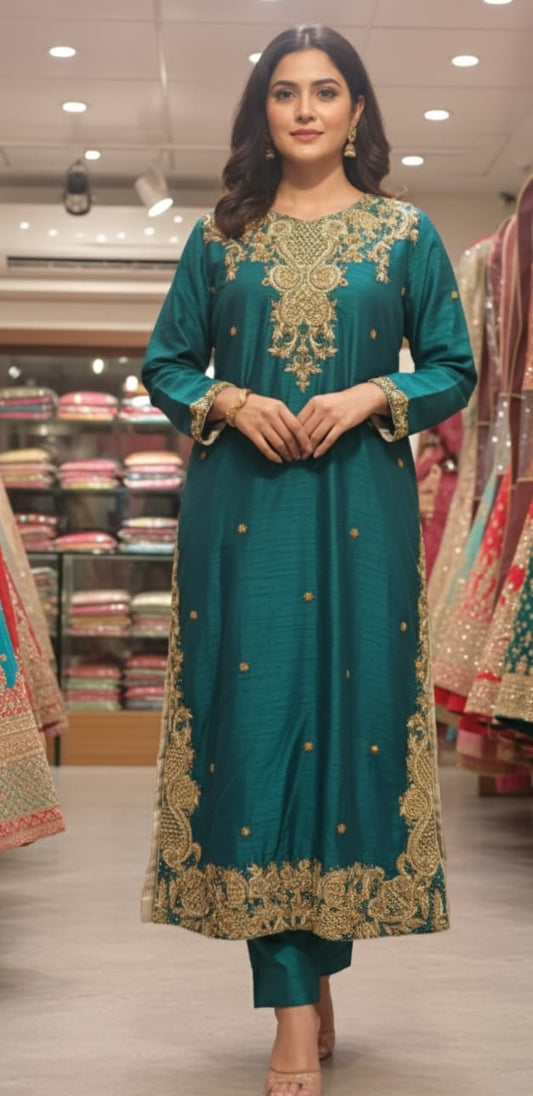 Zamarud: Emerald Green Zardozi Silk Suit