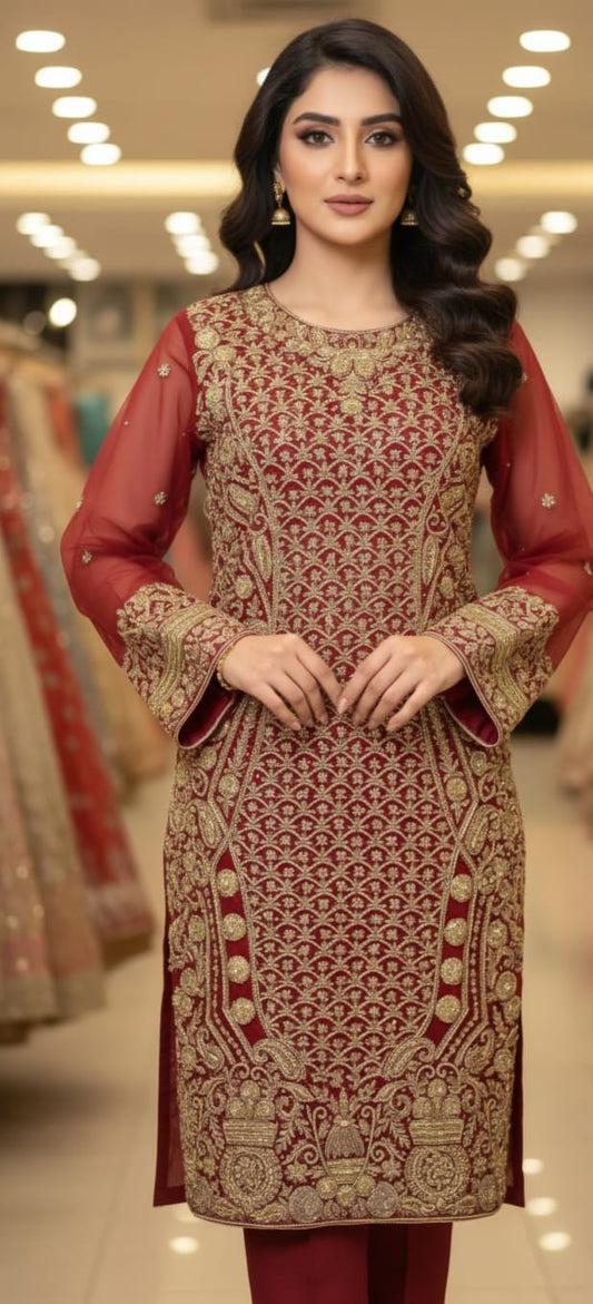 Yaqoot: The Ruby Red Zardozi Formal Suit