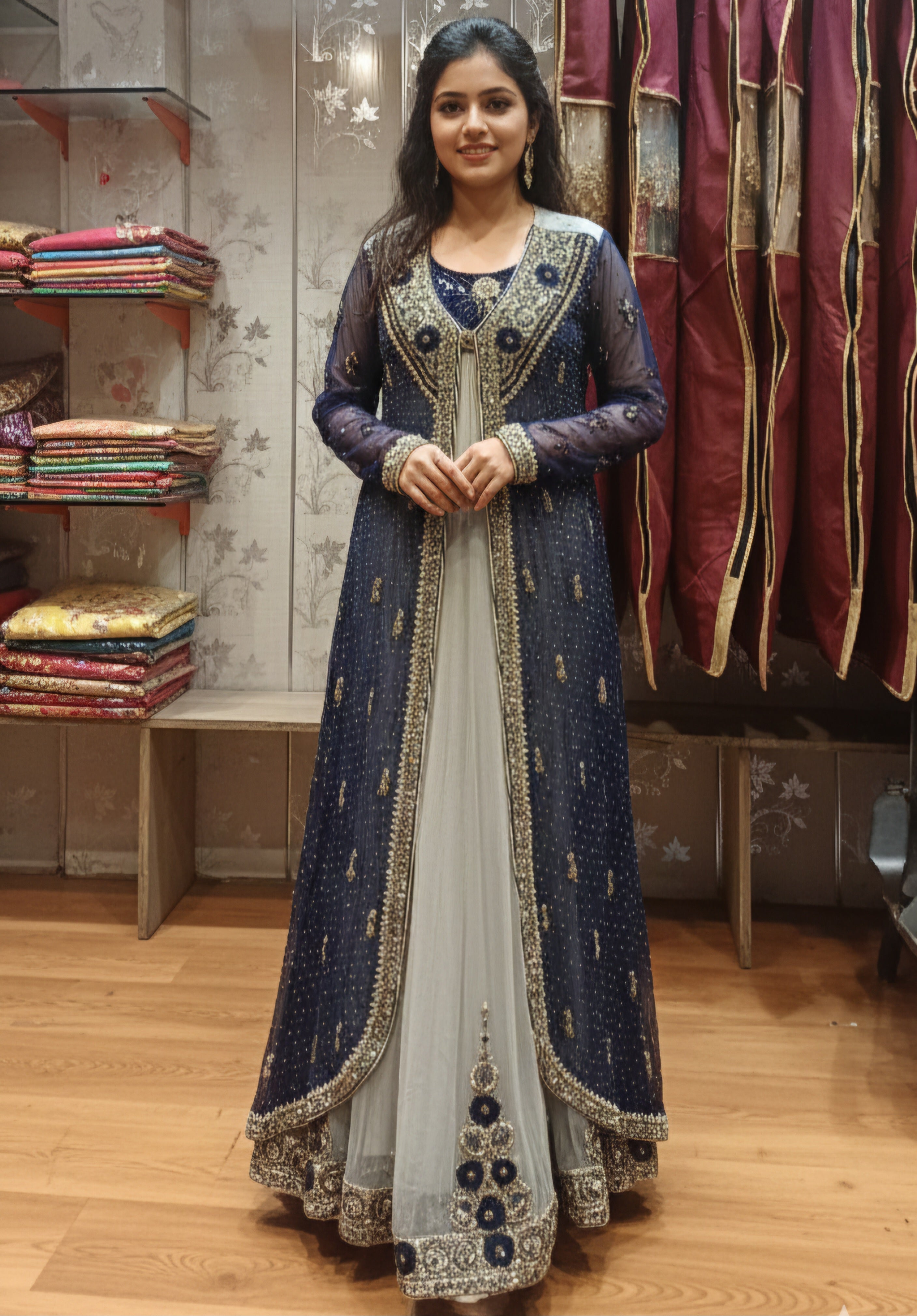 Regal Midnight Blue & Silver Layered Ethnic Gown