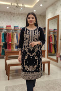 Velvet Muse: Intricate Silver-Work Navy Tunic